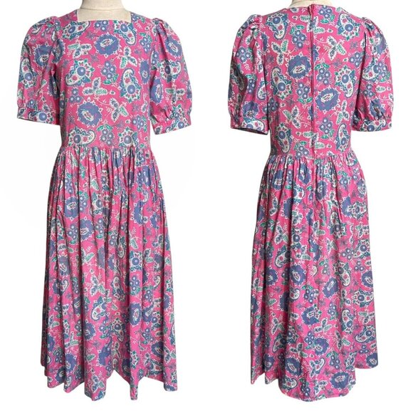 80s Vintage Laura Ashley Dress Puff Sleeve Paisley Floral Pleat Prep Cottage. - Picture 3 of 11